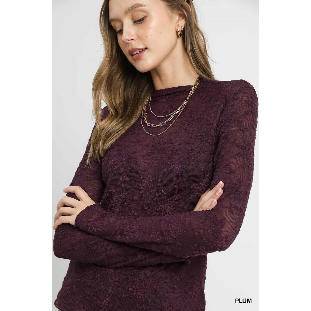Umgee Plum Purple Floral Lace Burnout Sheer Mock Neck‎ Long Sleeve Top NWT M